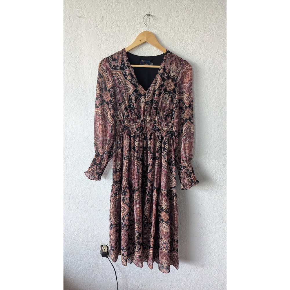 Just Taylor Paisley Smocked Waist Tiered Midi Dress V-Neck Long size 2